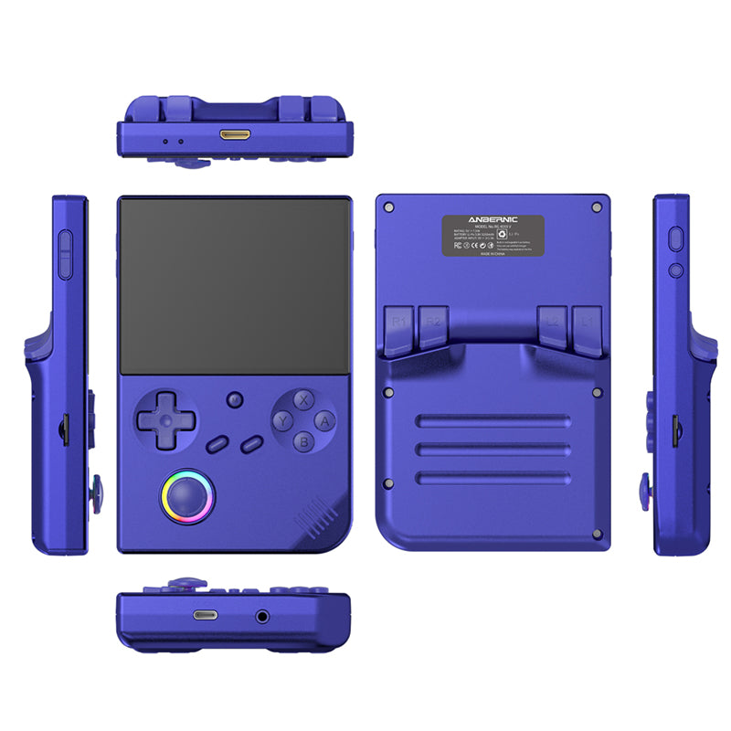 Retro portable handheld game console with lighting effect connected to power regard