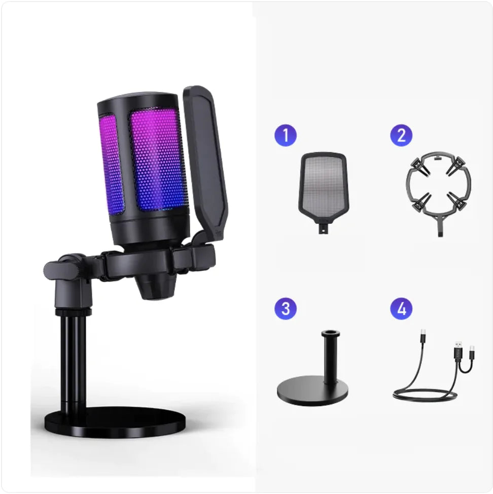 Desktop Microphone with LED Lights – Ideal for PC, Streaming, and Dubbing